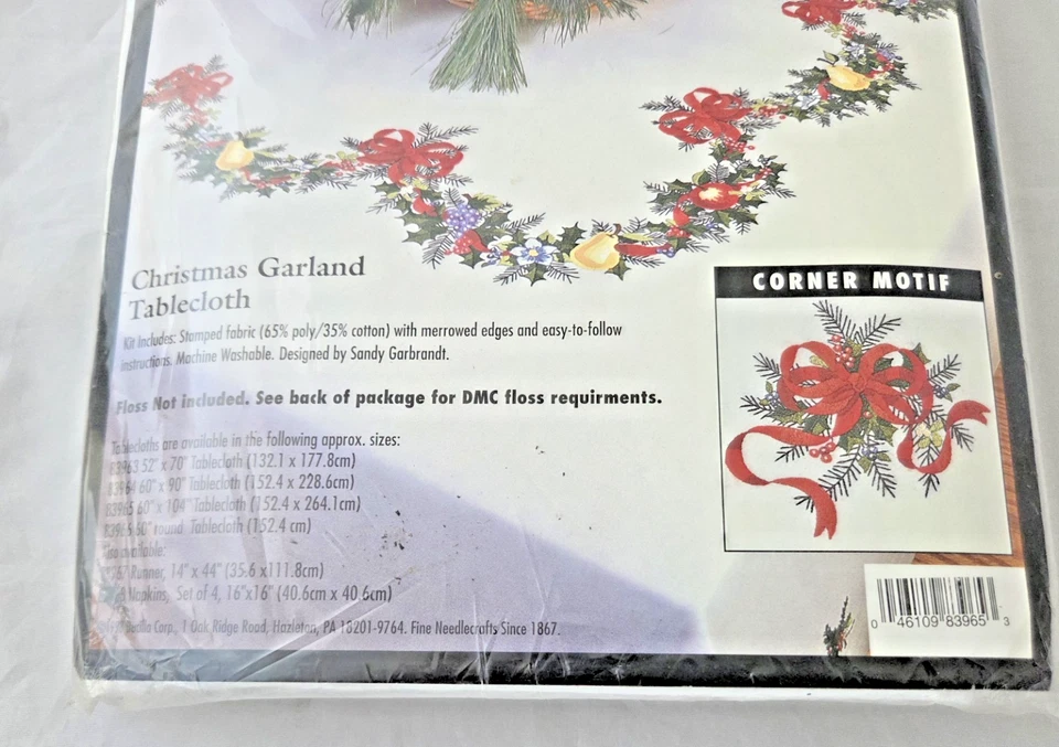BUCILLA Stamped Embroidery Christmas Garland Tablecloth 60" X 104" 1998 READ - Image 3 of 4