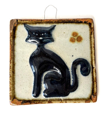 Vintage Hand Painted Tonala Black Cat Tile Folk Art Pottery 4 