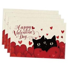 Valentines Day Placemats Set of 4, Happy Valentine's Day Cat and Love Heart