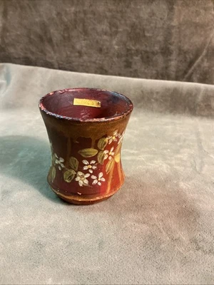 Rare antique redware art pottery hand painted floral vase/toothpick holder - Image 1 of 4