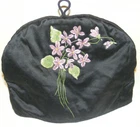 Vintage 1910-1920 tea cosy black satin hand painted flowers lilac padded lining