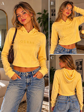 GUESS Womens Cropped Hoodie Small Yellow Embroidered Logo Y2K Pullover