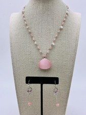 Pink Bead Heart Jewelry Set Pendant Necklace Earrings Silver Tone Long Dangle