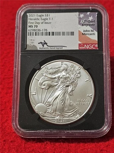 2021  Silver Eagle Dollar T-1 HERALDIC EAGLE ASE NGC MS 70 FDI MERCANTI   #T1726
