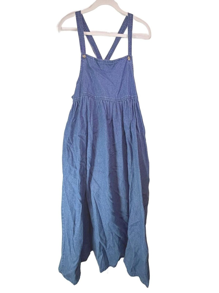 Vintage 90s Denim Pinafore Dress Bedford Fair Blue Midi M