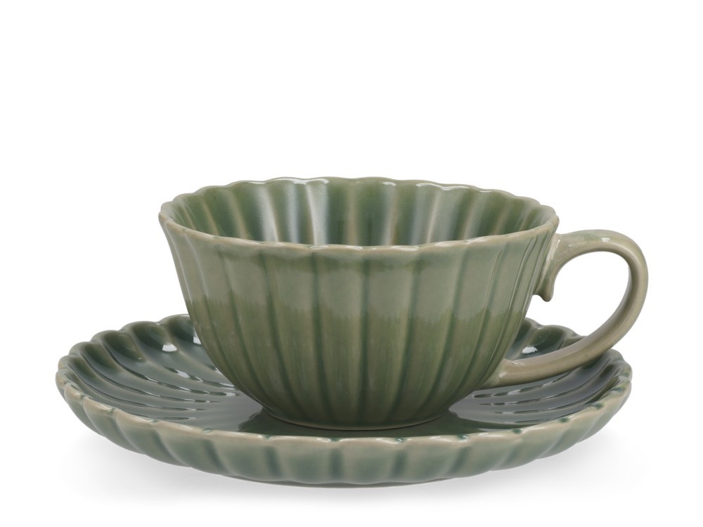 H&H 6 Jumbo Cups With Lotus Plate Stoneware Green cc 400