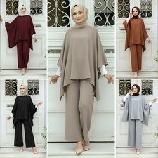 Modest Abaya Women Muslim Casual Cape Blouse Top Pants Sets 2 Piece Outfits Suit