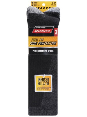 Dickies Men's Shin Protector Boot Sock, 3 Pack Black Size 6-12