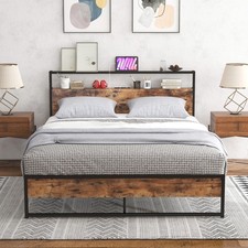 Queen Size Industrial Platform Bed Frame with Charging Station Storage Headboard