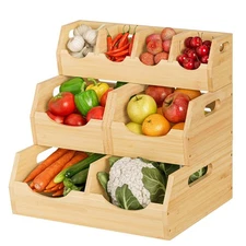 Upgraded 3 Tier Bamboo Pantry Storage Bins - Stackable Potato and Onion Stora...