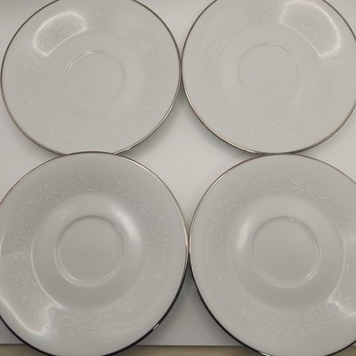 Noritake Reina 6450 Saucers Set of 4 Floral Embossed Platinum Trim