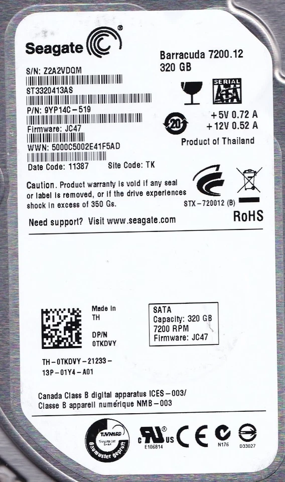 ST3320413AS pn: 9YP14C-519 s/n: Z2A  2011 fw: JC47 TK 320GB SATA 3.5"  Seagate - Image 3 of 4