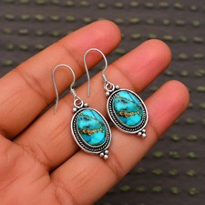 Copper Turquoise Statement Earrings 925 Sterling Silver Oval Cabochon Dangle
