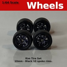 10/10mm Black 10 Spoke Blackwall Treaded rubber tire set. for Hot Wheels