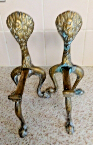 Brass Andirons Fire Dogs x2 Fireside Hearth With Lion Detail Vintage - Picture 4 of 4