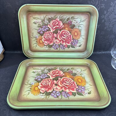 Vintage Set/4 Green Floral Metal TV Trays Lap Bed Kitschy 1950s