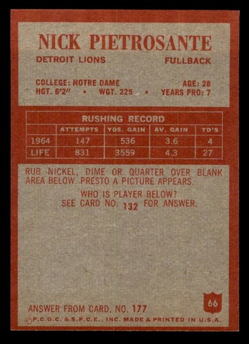 1965 Philadelphia Football #66 Nick Pietrosante NM - Picture 2 of 2