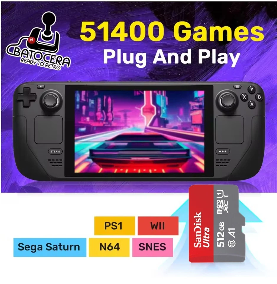 Retro game microSD, Batocera linux OS, 512gb Sandisk, 18k games for Steam Deck