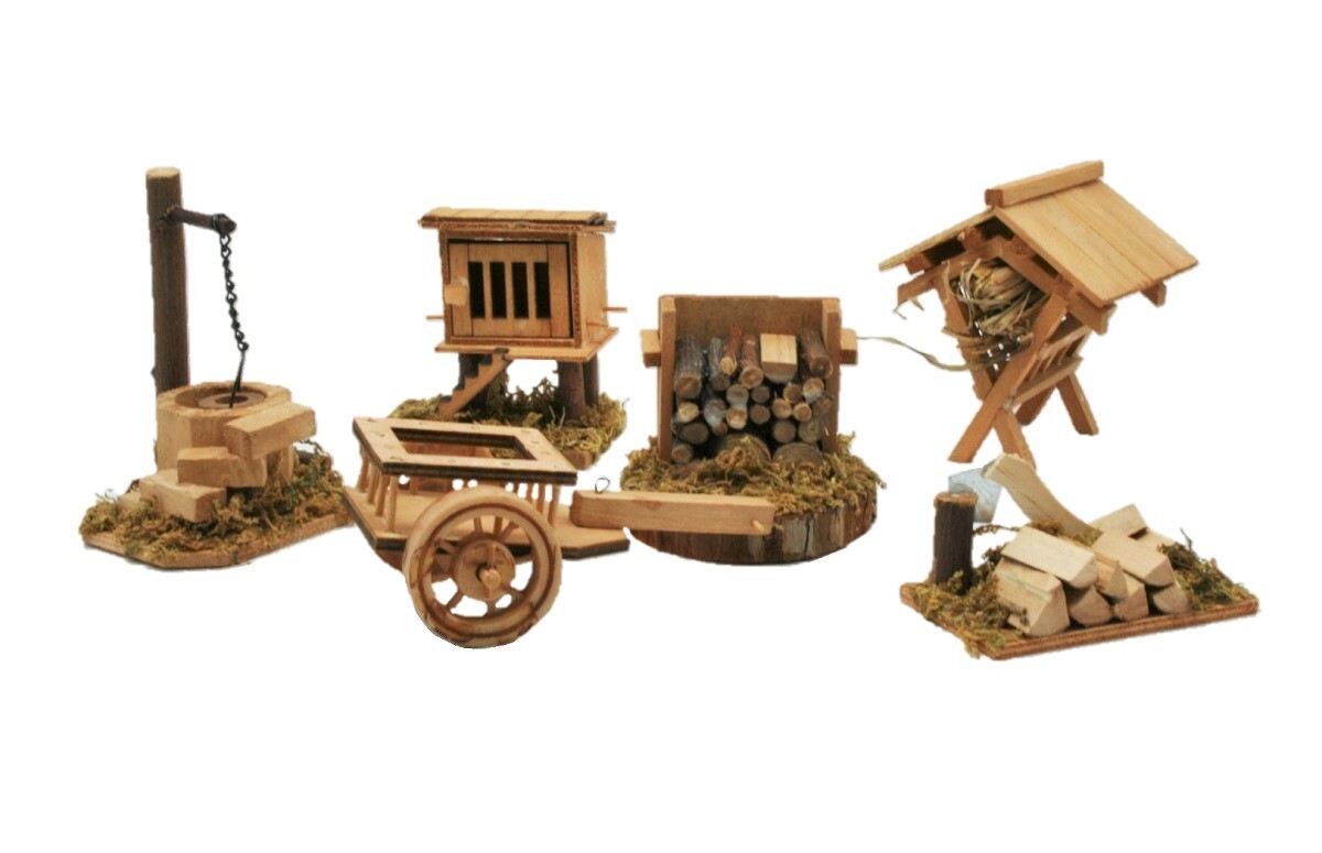 Krippenzubehör 6-teilig Brunnen Holz Wagen Stall Krippe Zubehör für Krippen