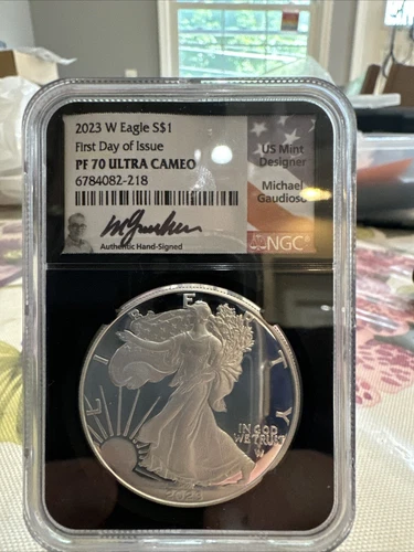 2023 W PROOF SILVER EAGLE NGC PF70 M. GAUDIOSO SIGNED FIRST DAY ISSUE