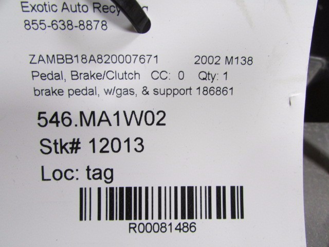 Maserati Spyder, Coupe, Brake Pedal With Gas And Support, Used, P/N 186861