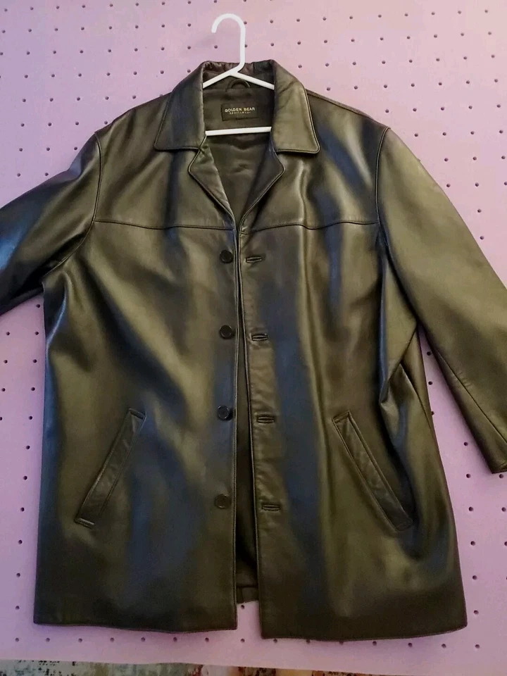  Jaqueta de couro macio Golden Bear preta clássica forrada roupa esportiva preppy 50" masculina