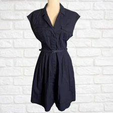 Liz Claiborne Navy Blue Shirt Dress A-Line Fit and Flare Cap Sleeves Sz 12 Belt