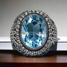 Aquamarine Oval Cut Gemstone With 925 Sterling Silver Ring For Men's #212