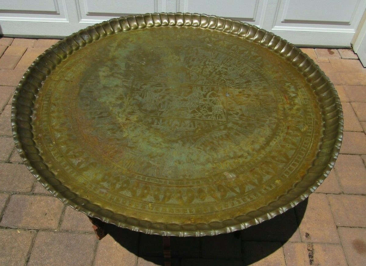 Vintage Mid Century Round Brass Egyptian Motif Folding Platter