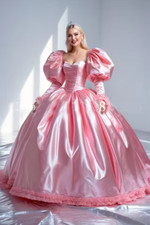 Fantasy Victorian Wedding Gowns Pink Bubble Long Sleeve Corseted Ball Gowns