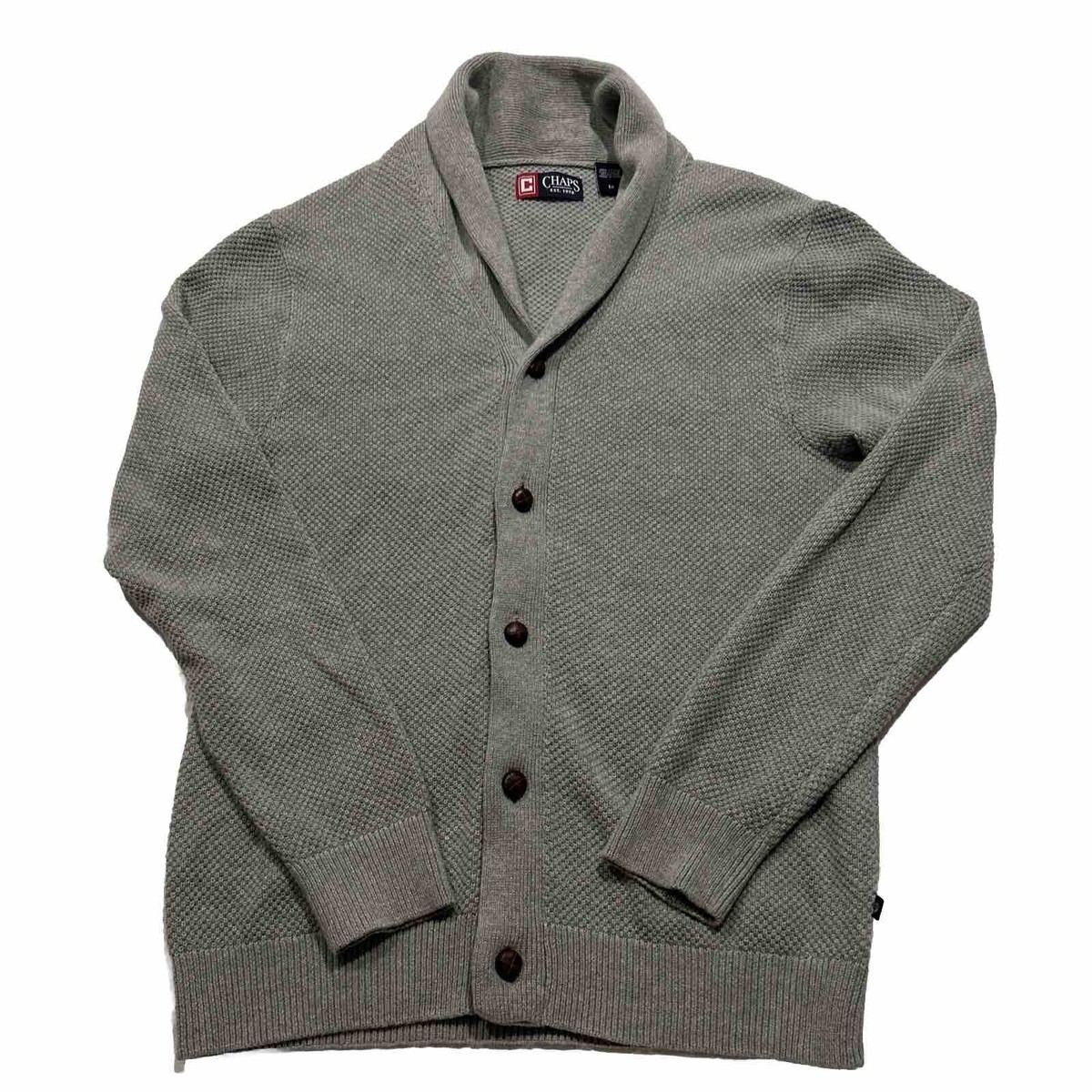 Chaps Grandpa Cardigan Sweater Mens Medium Gray Shawl Collar Button Knit  Retro