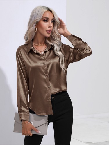 Satin Bluse Damen Button Down Hemd Umlegekragen Langarm Büro Arbeit Oberteil - Bild 2 von 16