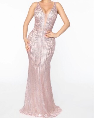 open lace back dress Metallic Rose Gold Bridesmaid Dress Sequin Wedding Guest Dresses with Sleeves US12 / Same As Picture main image 0