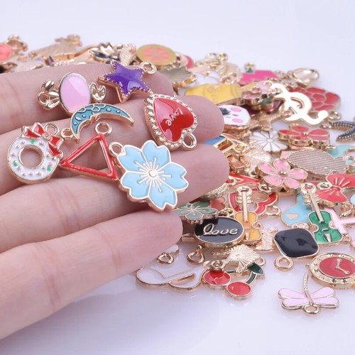 30/50/100PCS Mixed Gold Color Alloy Enamel Cute Heart Flower Fruit Charms - Picture 24 of 51