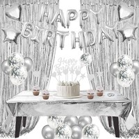 Geburtstagsdeko Set Silber Happy Birthday Ballons Tischdecke Cake Topper Party