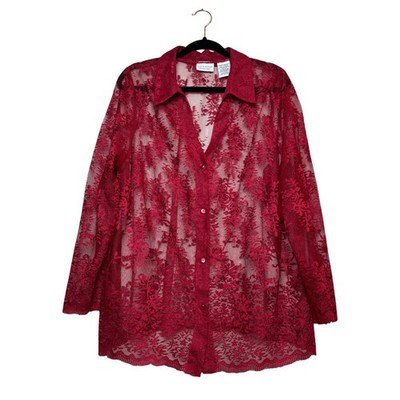 y2k Lace Blouse Women 18W/20W Red Sheer Floral Whimsigoth Romantic Vampy Vintage