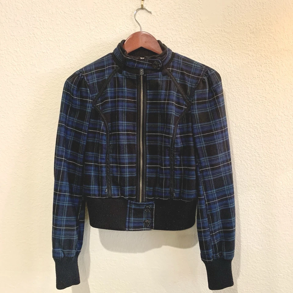 Chaqueta de bombardero Guess Jeans para mujer azul/negro a cuadros con cremallera frontal elástica -M Foto 3 de 4