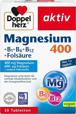 Doppelherz Magnesium 400 + B Vitamine + Folsäure   30 vegane Tabletten