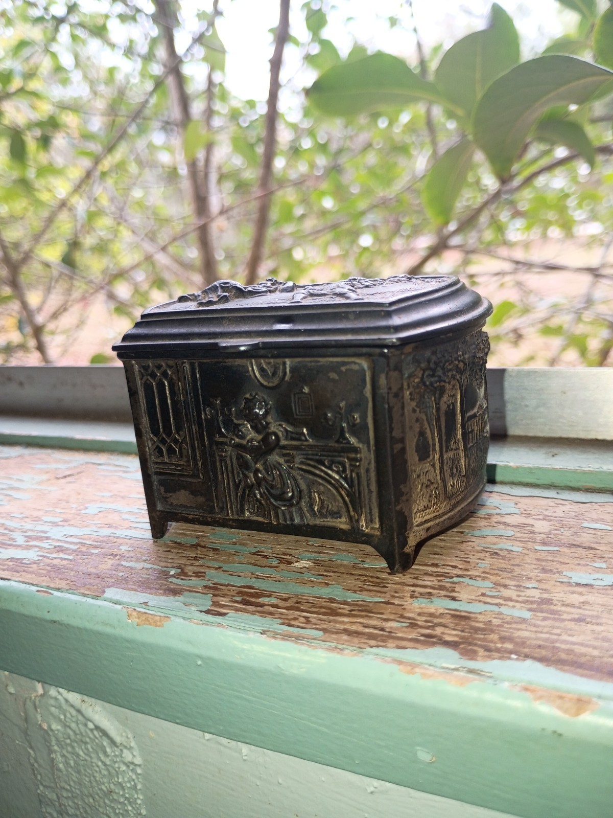 Small Antique Silver Plated Jewelry Trinket Box