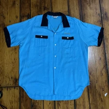 Vintage 60s Swingster Rayon Shirt Sz XL Bowling Chain Stitch Marty Black Blue
