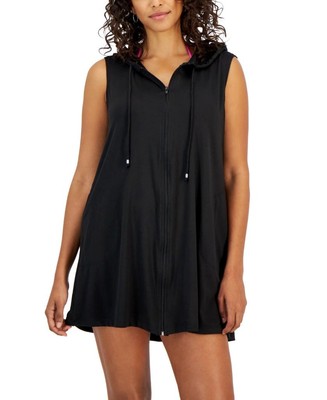 J Valdi Women's Sleeveless Full-Zip Hoodie Cover-Up Black Size S