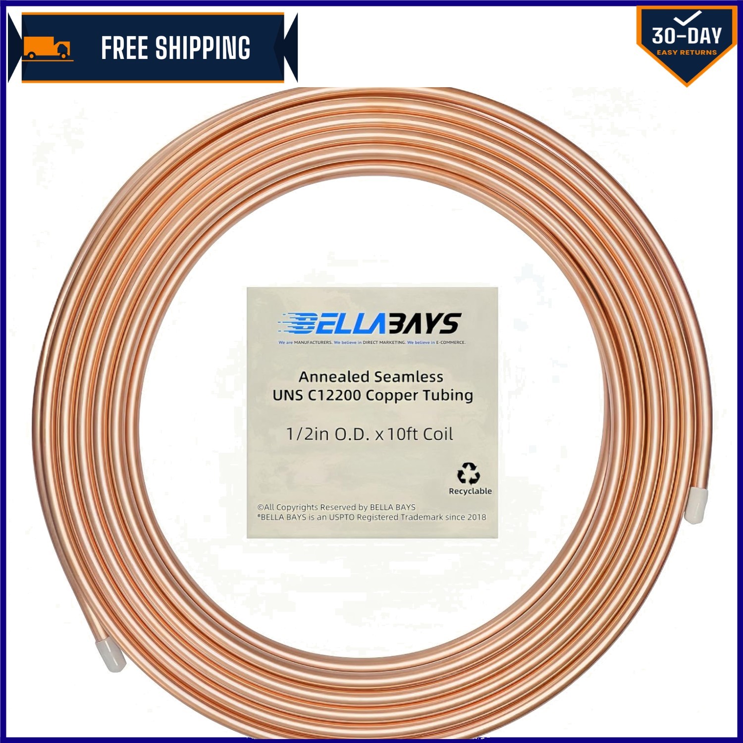 Flexible 10 ft Copper Refrigeration Tube 1/2" OD - Corrosion Resistant & Durable