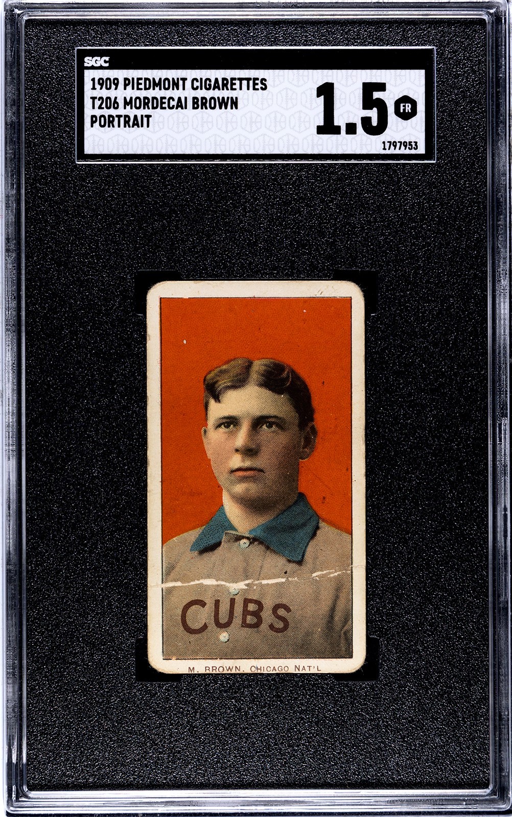 1909 T206 MORDECAI BROWN (HOF), PORTRAIT, CHICAGO CUBS, SGC 1.5, PIEDMONT 150