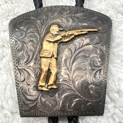 Sterling Silver Bolo Tie Skeet Trap Shooter Custom Gilt Reno Nevada Engraved Vtg
