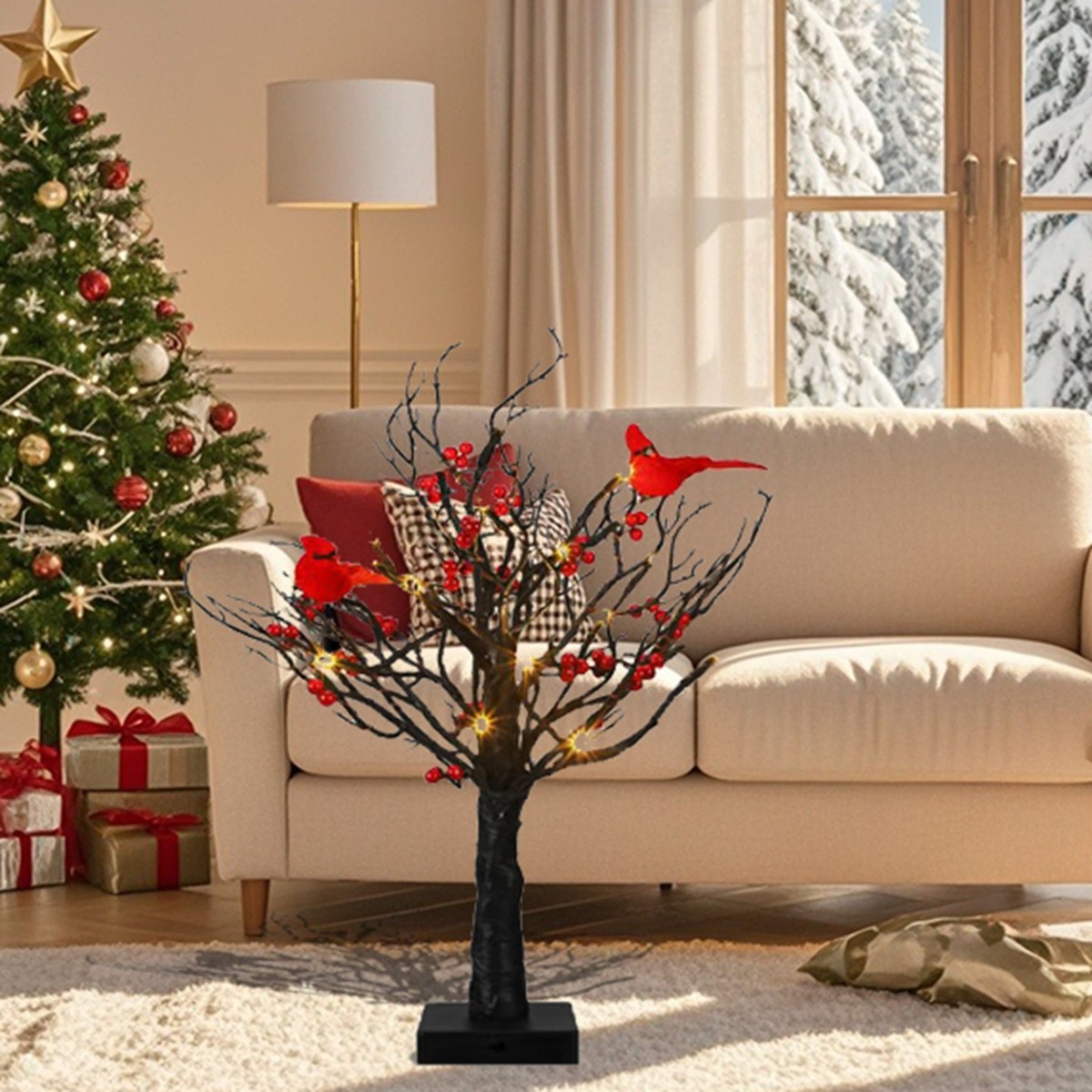 Vintage Leuchtender Baum Mit Kardinälen 53,5cm - Rote Vogel Deko Mit LED Lichtern