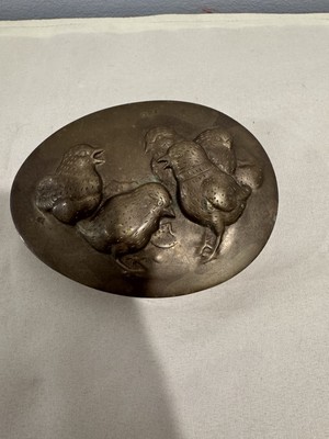 Vintage Bronze Egg Shaped Dresser Box with Chickadee Scene