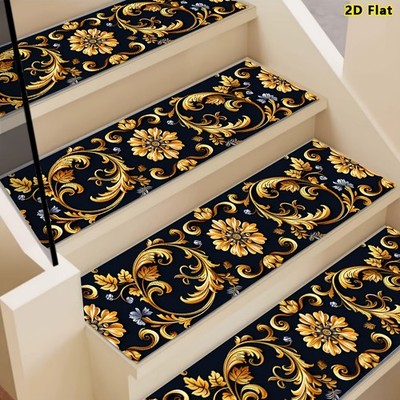 Black Golden Baroque Patterned Printed Stair Mat, Non-Slip Stair Carpet, Step