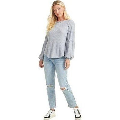 Waffle Knit Bell Sleeve Top Blouse Light Blue Casual Comfy Everyday