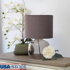 Contemporary Glass Table Lamp W/ Gray Drum Shade Living Room Bedroom Decor New