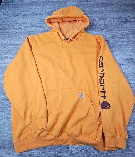 CARHARTT Hoodie Mens Loose Fit Heavy Sweatshirt 2XL K288 Orange Sleeve Print